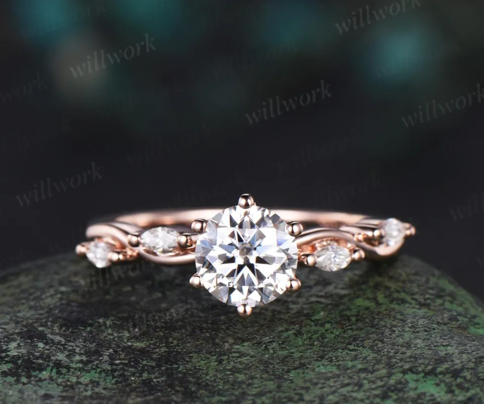 Round cut moissanite ring vintage moissanite engagement ring 14k rose gold dainty halo twisted marquise diamond promise wedding ring women sold by Willwork Jewelry