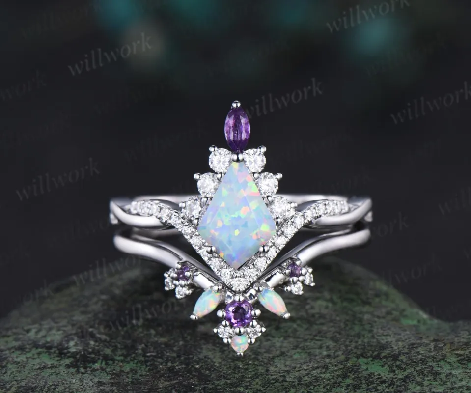 Kite cut opal engagement ring set twisted halo diamond ring vintage 14k white gold amethyst stacking wedding ring set women anniversary gift sold by Willwork Jewelry