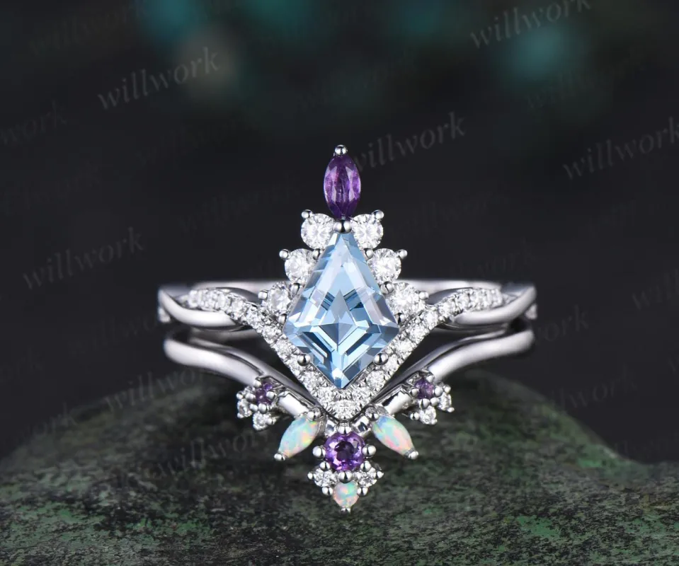 Kite cut aquamarine engagement ring set twisted halo diamond ring vintage 14k white gold amethyst promise wedding ring set women gift sold by Willwork Jewelry