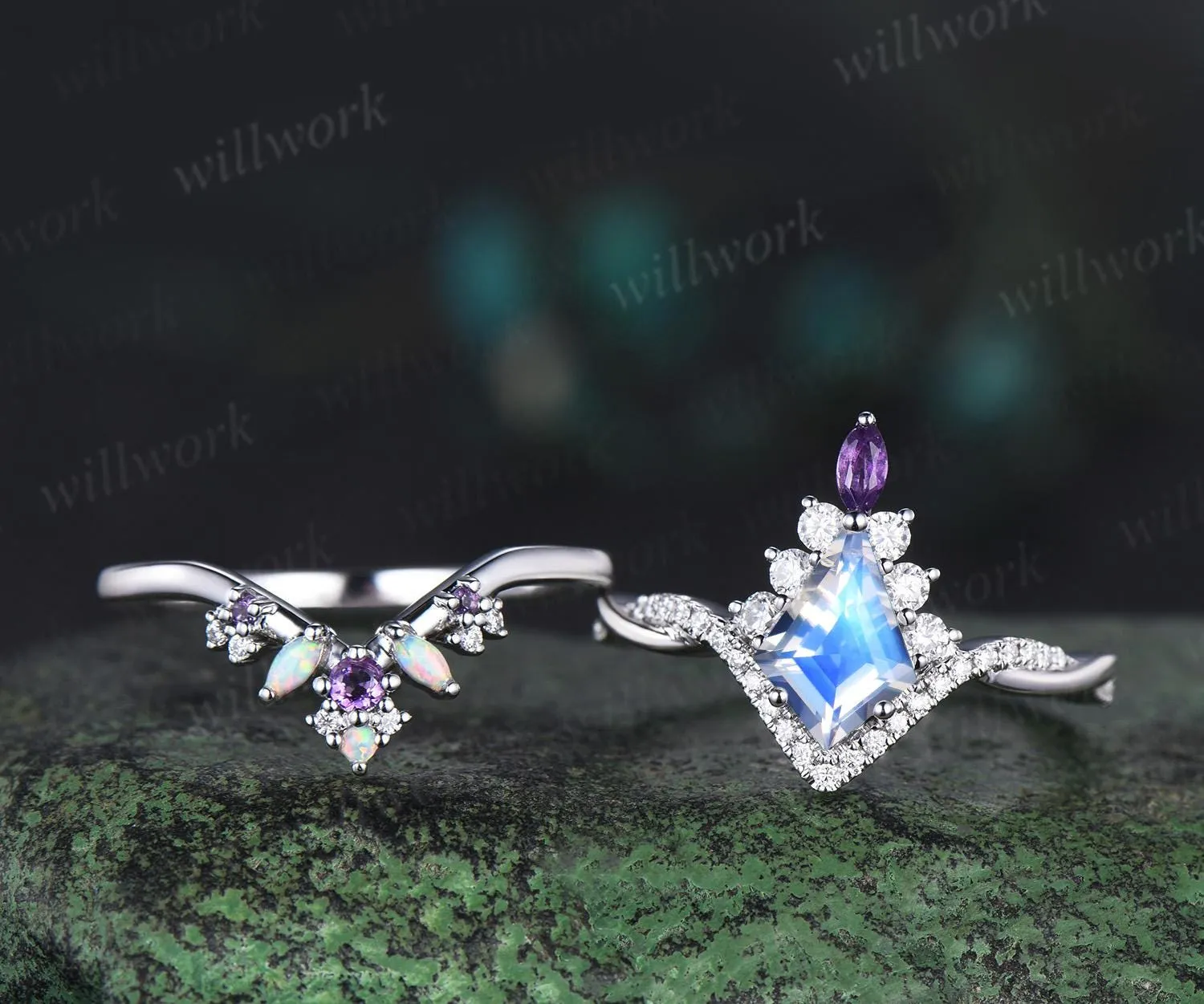 Kite cut moonstone engagement ring set twisted halo diamond ring vintage 14k white gold amethyst anniversary bridal ring set women jewelry sold by Willwork Jewelry product image thumbnail 2