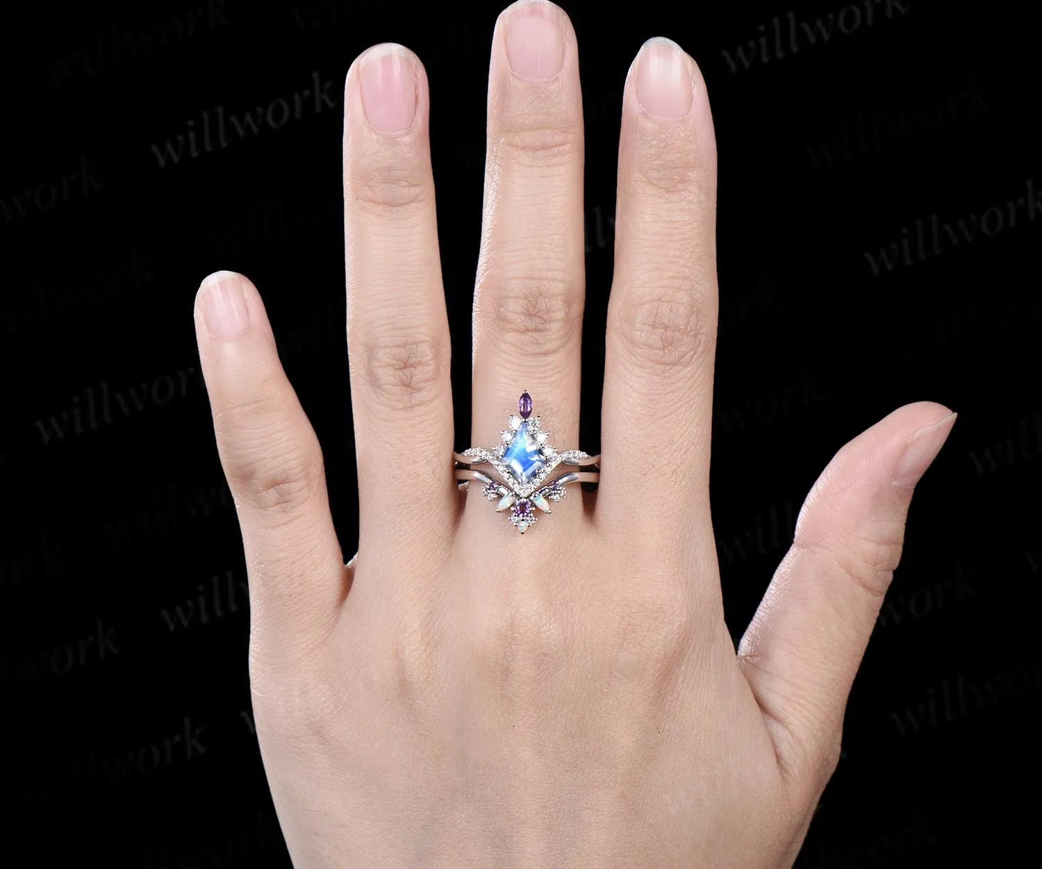 Kite cut moonstone engagement ring set twisted halo diamond ring vintage 14k white gold amethyst anniversary bridal ring set women jewelry sold by Willwork Jewelry product image thumbnail 3