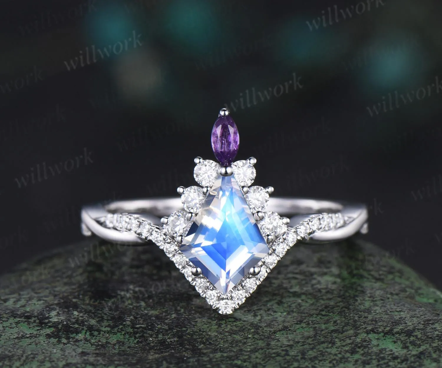 Kite cut moonstone engagement ring set twisted halo diamond ring vintage 14k white gold amethyst anniversary bridal ring set women jewelry sold by Willwork Jewelry product image thumbnail 4