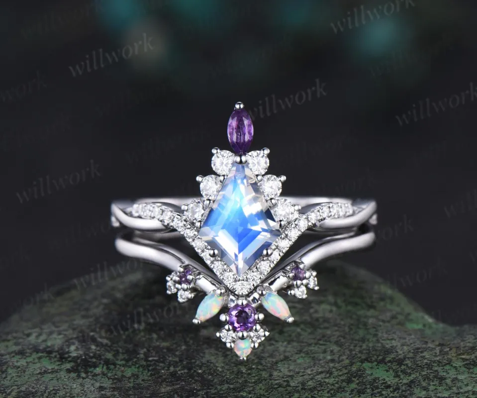 Kite cut moonstone engagement ring set twisted halo diamond ring vintage 14k white gold amethyst anniversary bridal ring set women jewelry sold by Willwork Jewelry