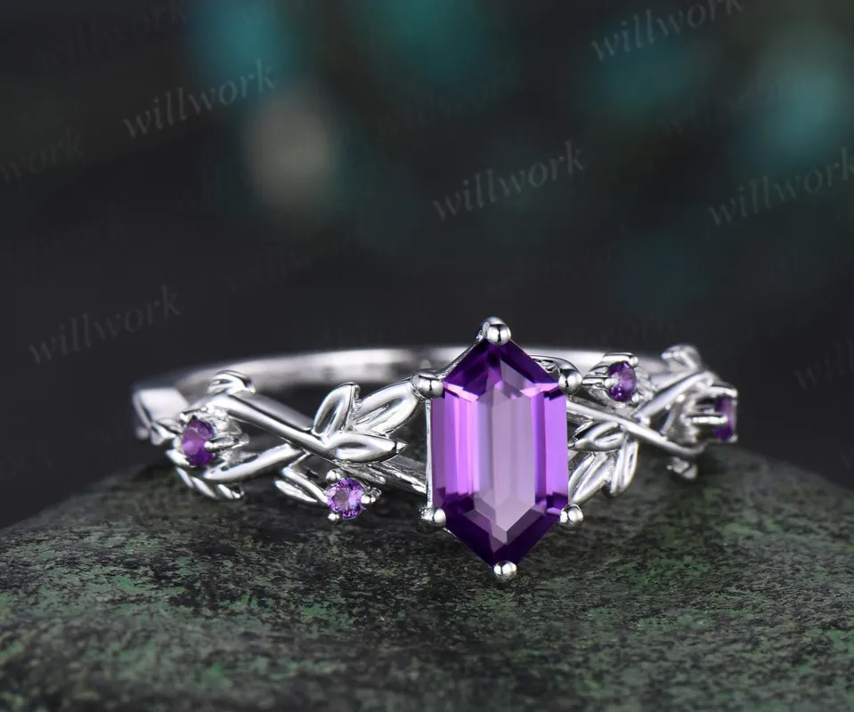 Long hexagon cut purple Amethyst engagement ring 14k white gold leaf ring twisted wedding ring women February birthstone anniversary gift sold by Willwork Jewelry