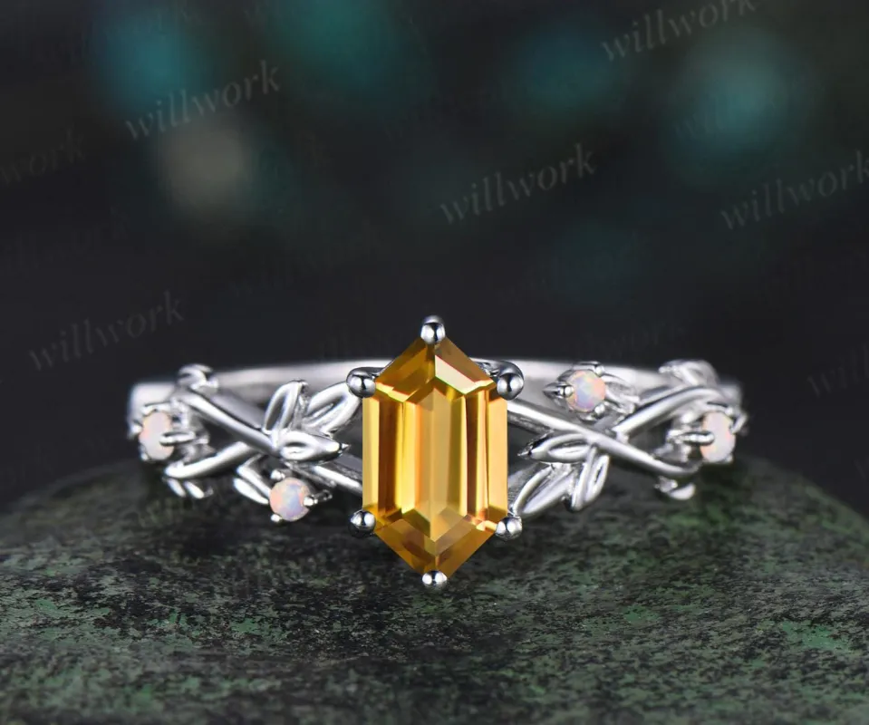 Long hexagon cut yellow citrine engagement ring solid 14k white gold branch leaf opal ring November birthstone unique anniversary ring gift sold by Willwork Jewelry