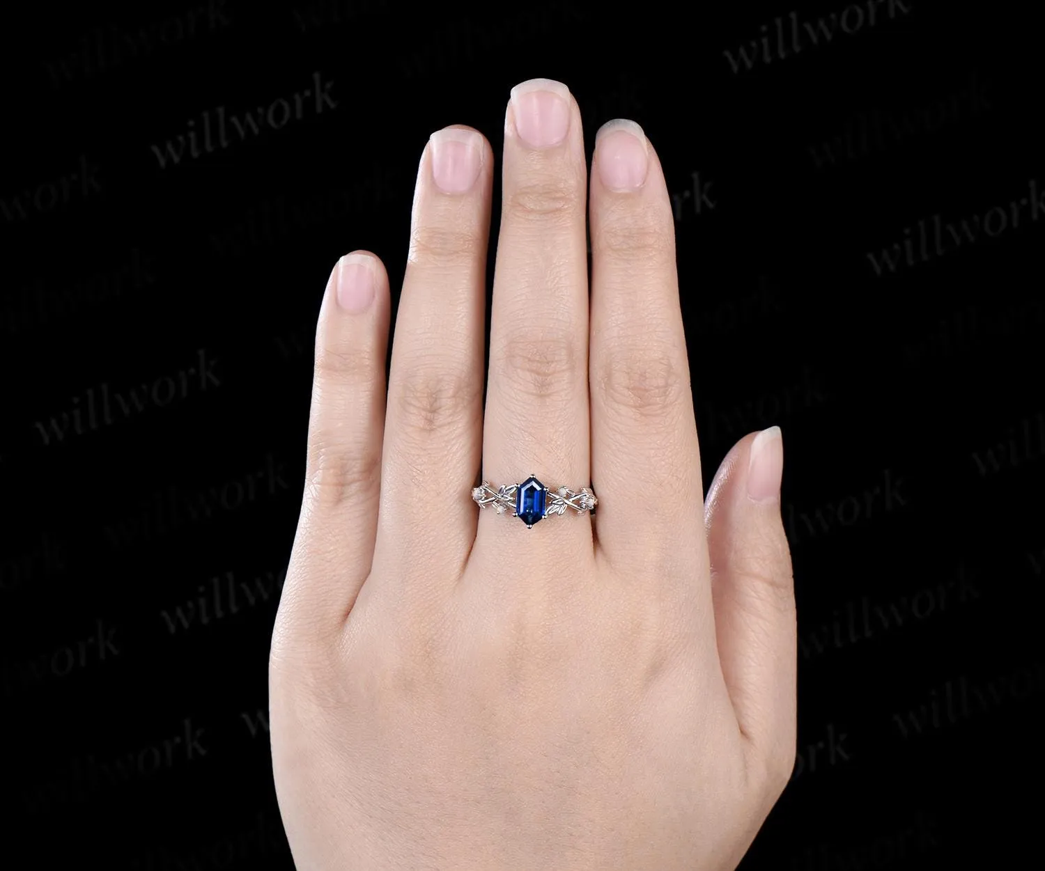 Long hexagon cut blue sapphire engagement ring 14k white gold twig leaf opal ring women September birthstone ring anniversary gift for her sold by Willwork Jewelry product image thumbnail 3