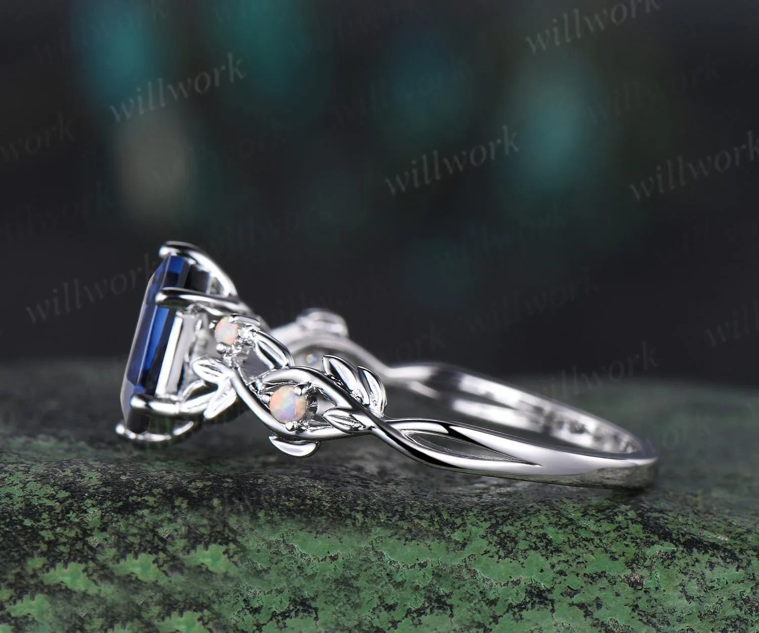 Long hexagon cut blue sapphire engagement ring 14k white gold twig leaf opal ring women September birthstone ring anniversary gift for her sold by Willwork Jewelry product image thumbnail 4