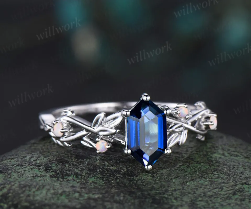 Long hexagon cut blue sapphire engagement ring 14k white gold twig leaf opal ring women September birthstone ring anniversary gift for her sold by Willwork Jewelry