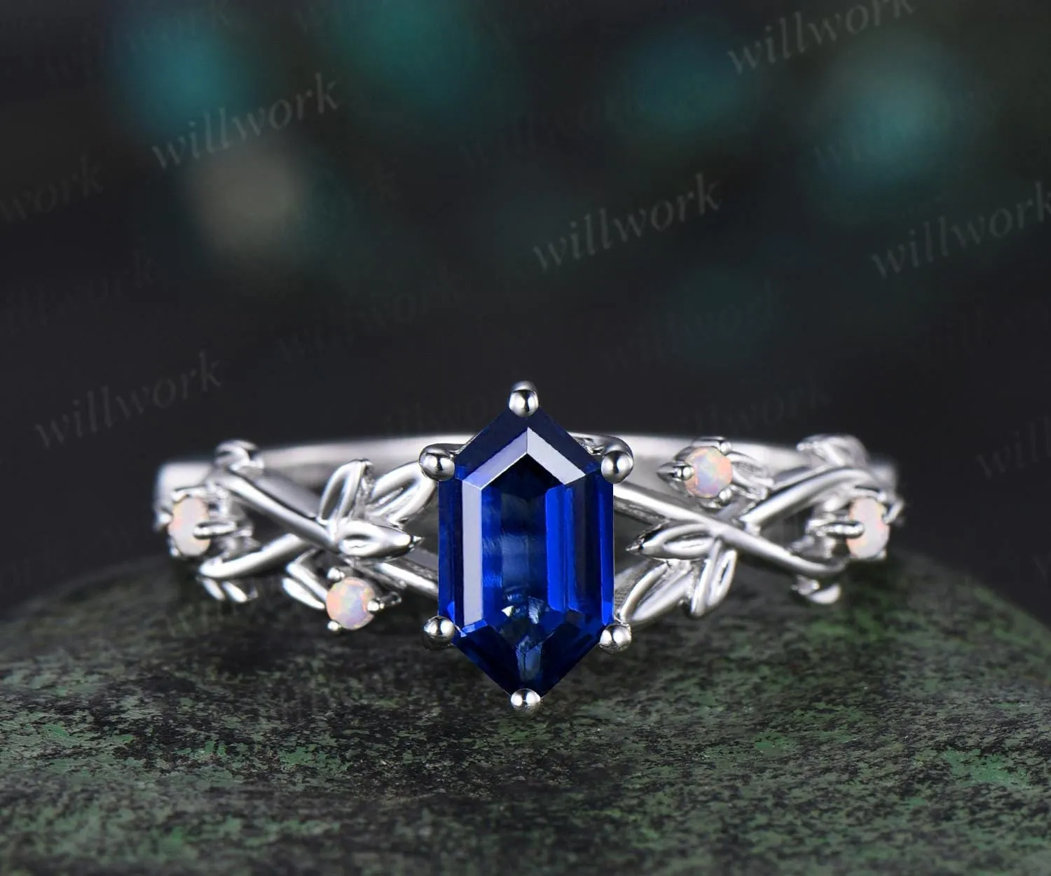 Long hexagon cut blue sapphire engagement ring 14k white gold twig leaf opal ring women September birthstone ring anniversary gift for her sold by Willwork Jewelry product image thumbnail 2