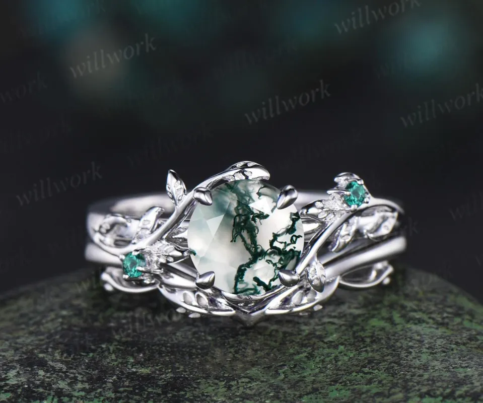 1ct round cut natural moss agate engagement ring set solid 14k white gold three stone leaf emerald promise ring unique bridal set women sold by Willwork Jewelry