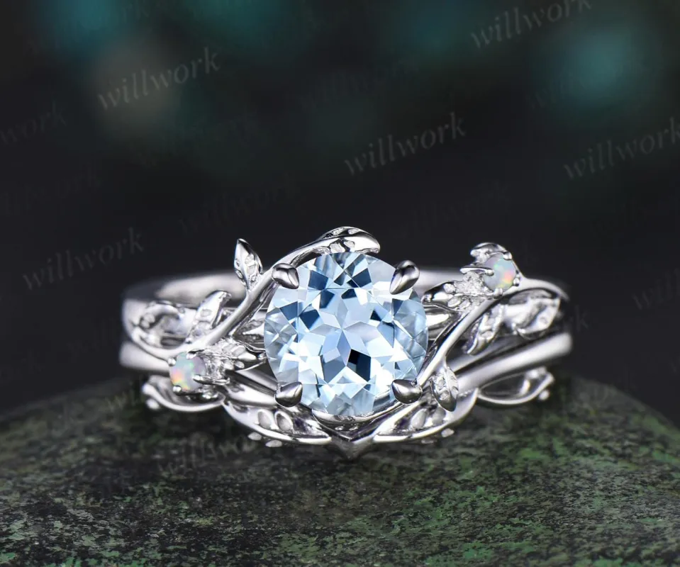 1ct round cut aquamarine engagement ring vintage branch opal ring 14k white gold stacking leaf wedding ring band women promise ring her sold by Willwork Jewelry