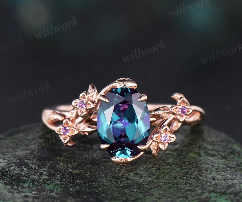Oval cut alexandrite ring 14k rose gold floral leaf Nature Inspired Engagement Ring five stone wedding ring women sold by Willwork Jewelry