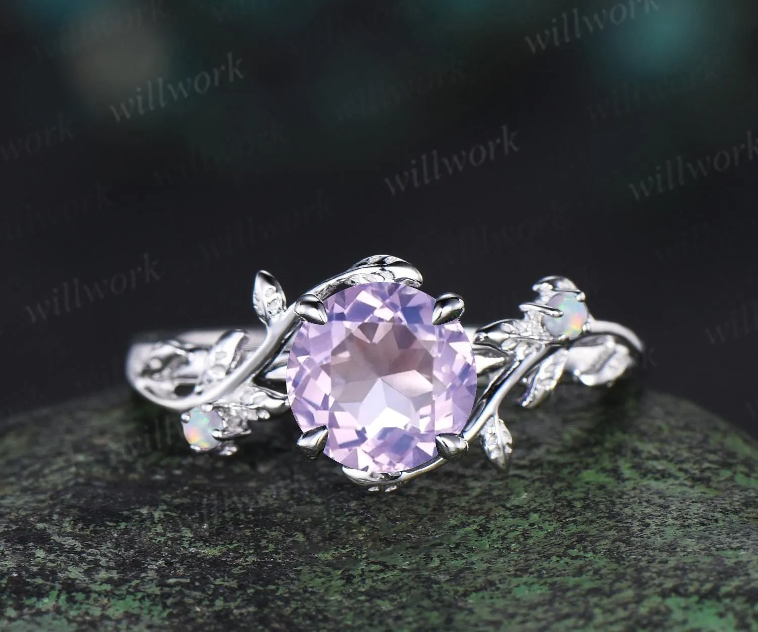 1ct round cut Lavender Amethyst engagement ring vintage branch opal ring white gold stacking leaf wedding ring band women crystal ring sold by Willwork Jewelry product image thumbnail 5