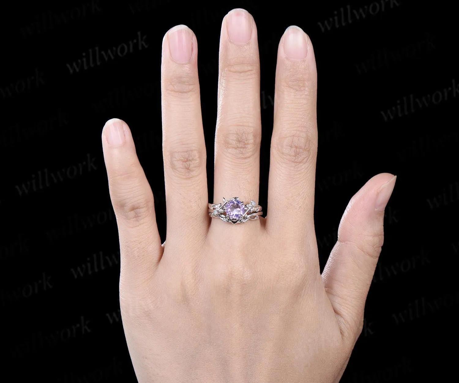 1ct round cut Lavender Amethyst engagement ring vintage branch opal ring white gold stacking leaf wedding ring band women crystal ring sold by Willwork Jewelry product image thumbnail 3