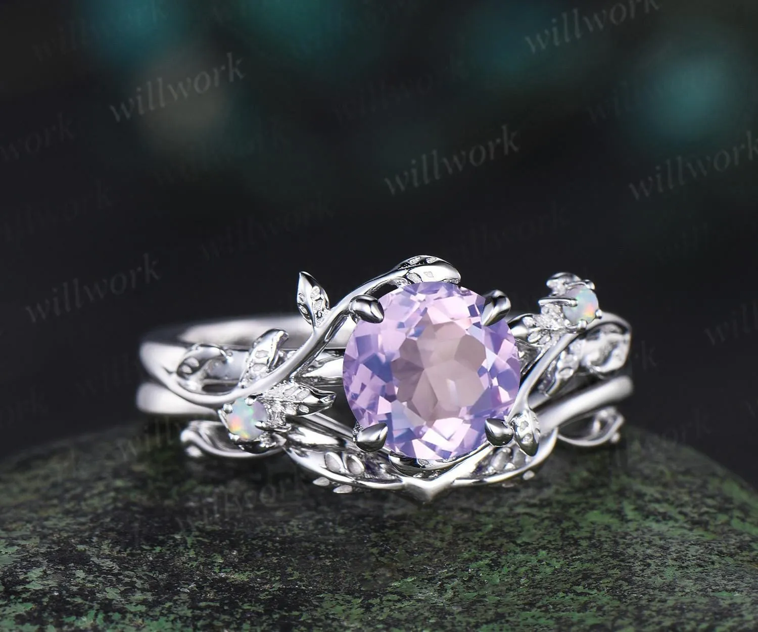 1ct round cut Lavender Amethyst engagement ring vintage branch opal ring white gold stacking leaf wedding ring band women crystal ring sold by Willwork Jewelry product image thumbnail 4