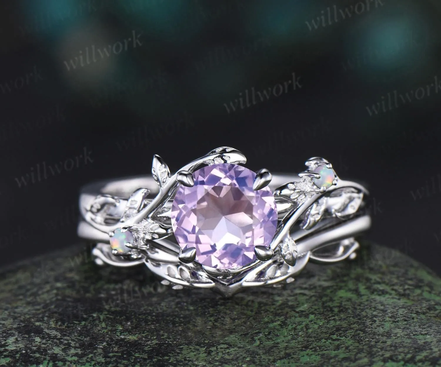 1ct round cut Lavender Amethyst engagement ring vintage branch opal ring white gold stacking leaf wedding ring band women crystal ring sold by Willwork Jewelry