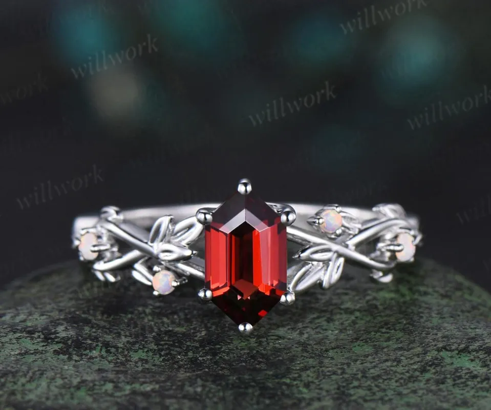 Twig garnet ring vintage Long hexagon cut red garnet engagement ring 14k white gold leaf opal ring women January birthstone wedding ring sold by Willwork Jewelry