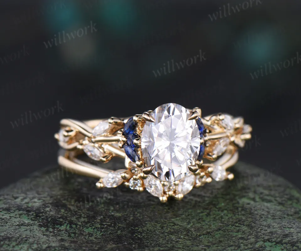 Vintage oval cut moissanite engagement ring set 14k yellow gold marquise sapphire diamond promise wedding ring set women jewely sold by Willwork Jewelry