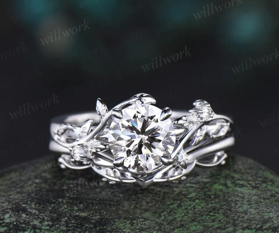1ct round cut IGI Lab grown diamond engagement ring set solid 14k white gold three stone leaf promise ring set unique bridal set women jewelry sold by Willwork Jewelry
