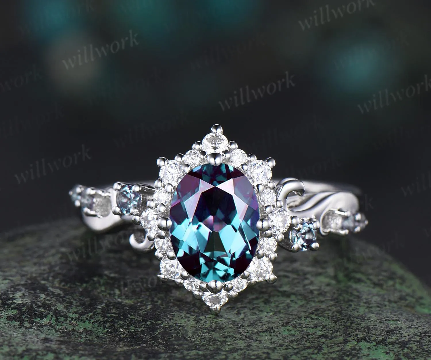 Oval cut alexandrite ring white gold halo snowdrift engagement ring diamond ring women unique promise wedding ring color change gemstone sold by Willwork Jewelry