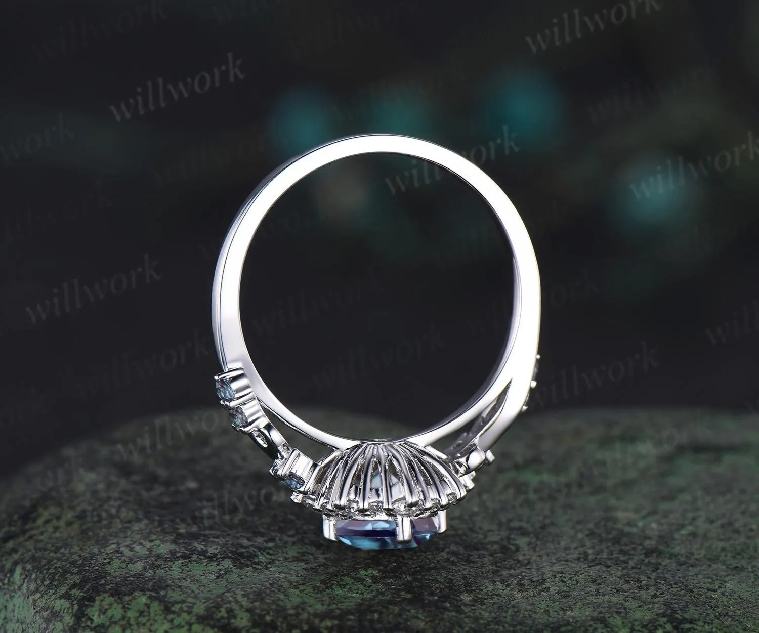 Oval cut alexandrite ring white gold halo snowdrift engagement ring diamond ring women unique promise wedding ring color change gemstone sold by Willwork Jewelry product image thumbnail 5
