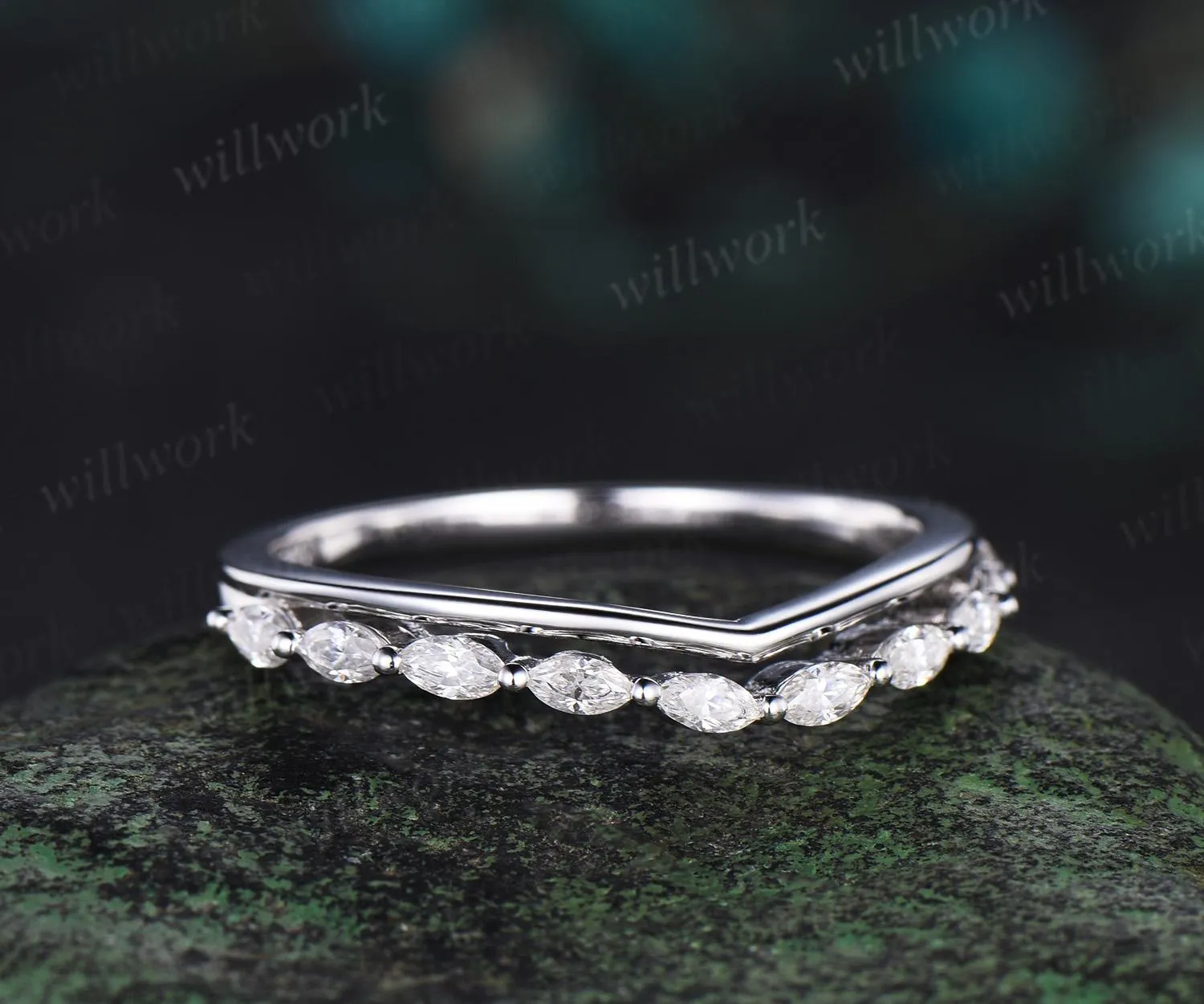 Curved marquise cut diamond wedding band solid 14k white gold stacking matching moissanite anniversary gift women sold by Willwork Jewelry product image thumbnail 4