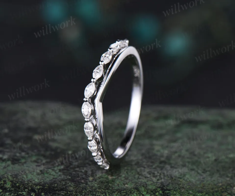 Curved marquise cut diamond wedding band solid 14k white gold stacking matching moissanite anniversary gift women sold by Willwork Jewelry