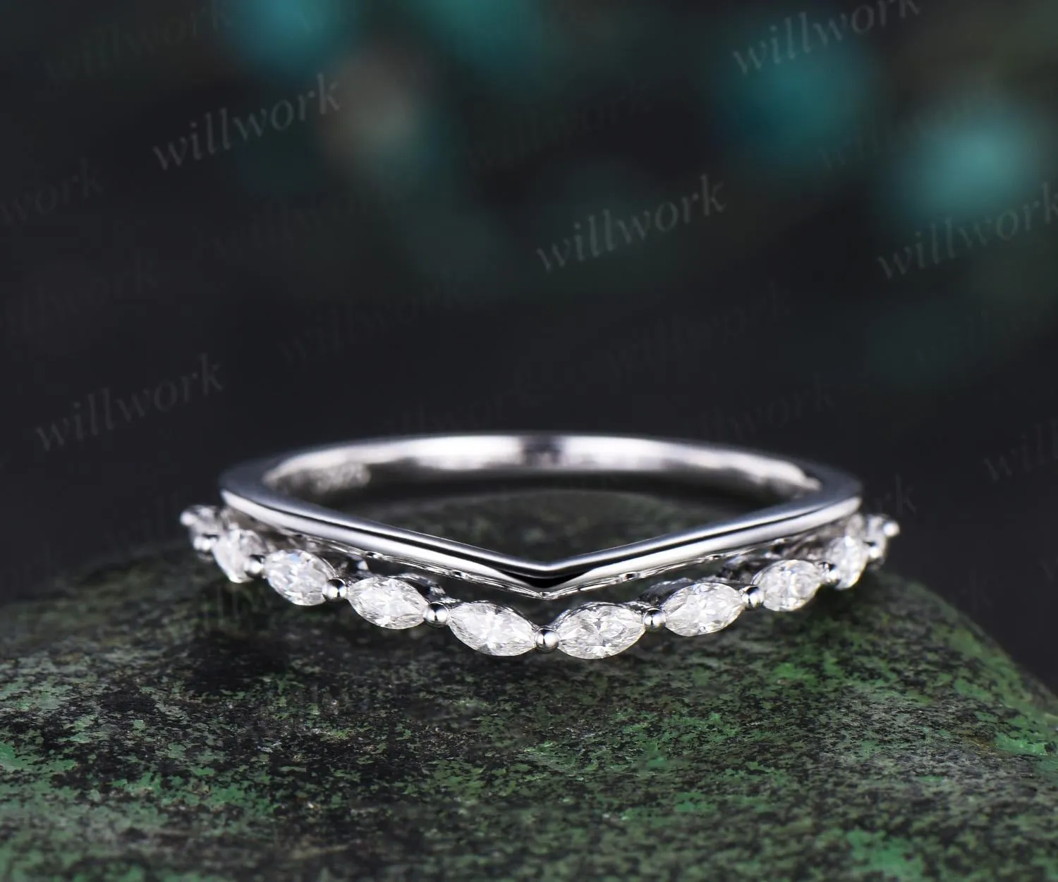 Curved marquise cut diamond wedding band solid 14k white gold stacking matching moissanite anniversary gift women sold by Willwork Jewelry product image thumbnail 2