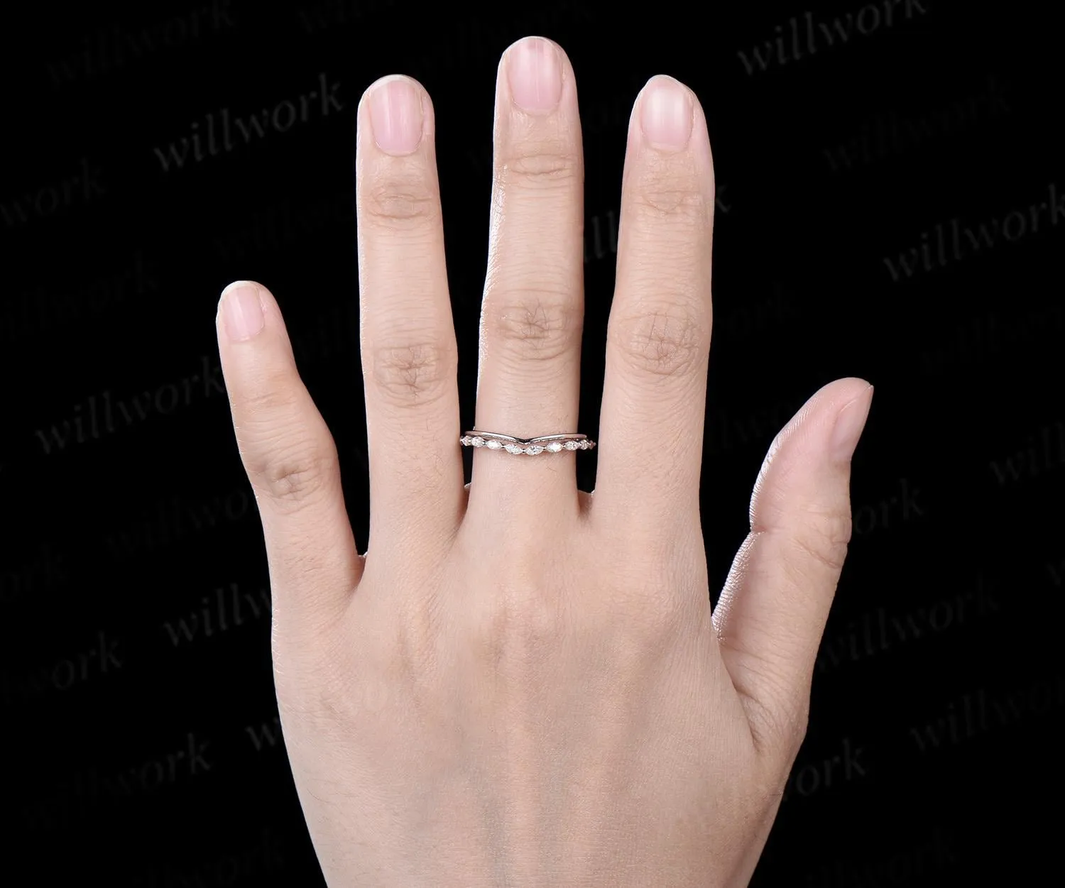 Curved marquise cut diamond wedding band solid 14k white gold stacking matching moissanite anniversary gift women sold by Willwork Jewelry product image thumbnail 3