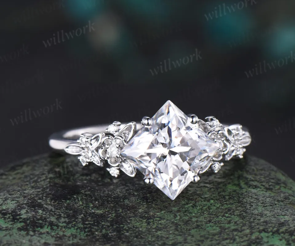 Princess cut moissanite ring white gold leaf floral engagement ring vintage cluster diamond ring women retro promise ring her sold by Willwork Jewelry