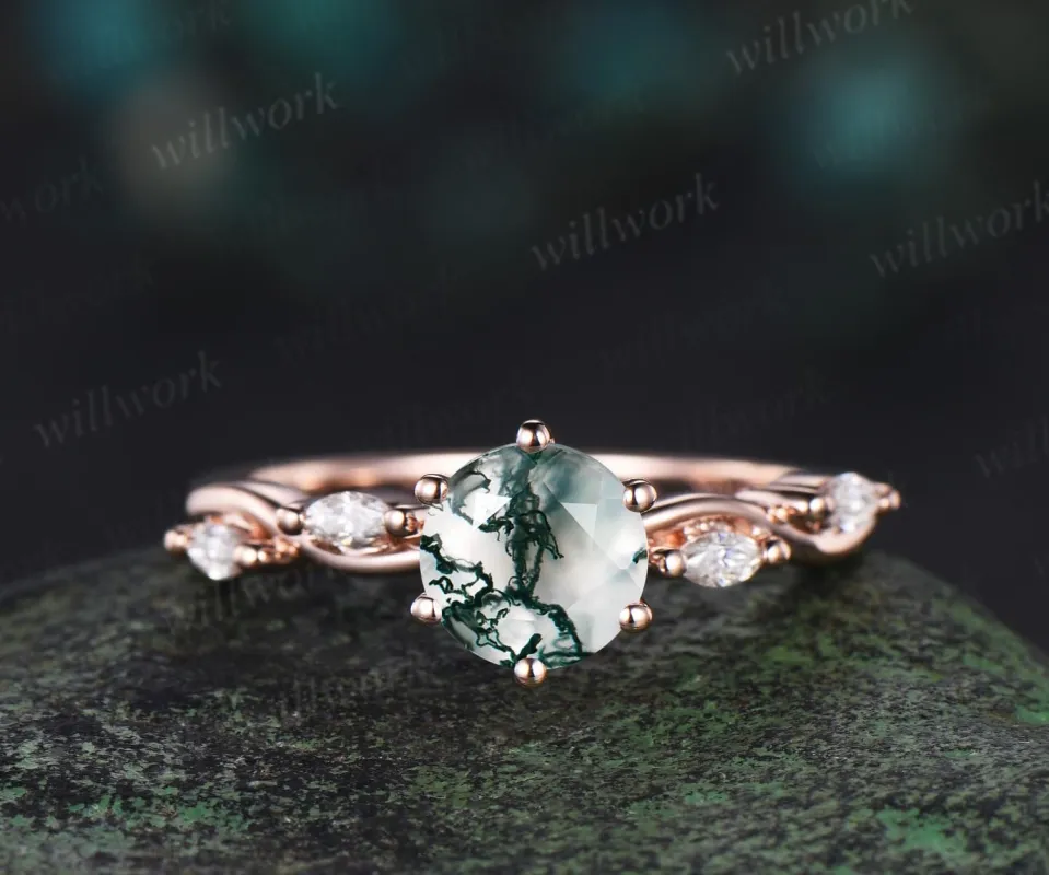 1ct round cut green moss agate ring rose gold five stone unique engagement ring women twisted under halo diamond wedding anniversary gift sold by Willwork Jewelry