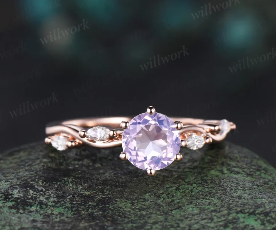1ct round cut Lavender Amethyst ring rose gold five stone unique engagement ring women twisted under halo diamond wedding anniversary gift sold by Willwork Jewelry