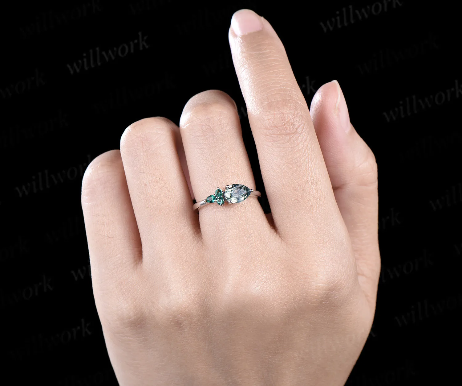 Pear cut moss agate ring white gold East to west emerald four stone unique engagement ring women dainty anniversary gift sold by Willwork Jewelry product image thumbnail 3
