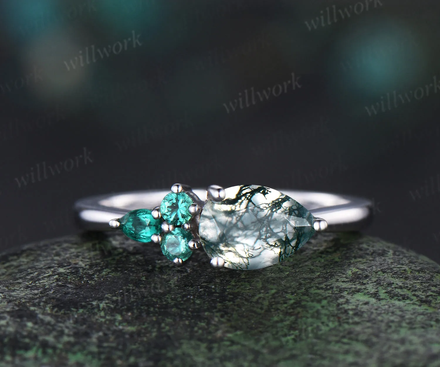 Pear cut moss agate ring white gold East to west emerald four stone unique engagement ring women dainty anniversary gift sold by Willwork Jewelry
