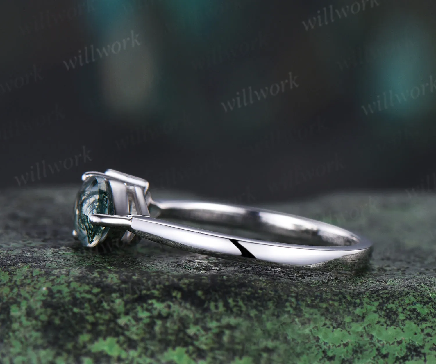 Pear cut moss agate ring white gold East to west emerald four stone unique engagement ring women dainty anniversary gift sold by Willwork Jewelry product image thumbnail 4