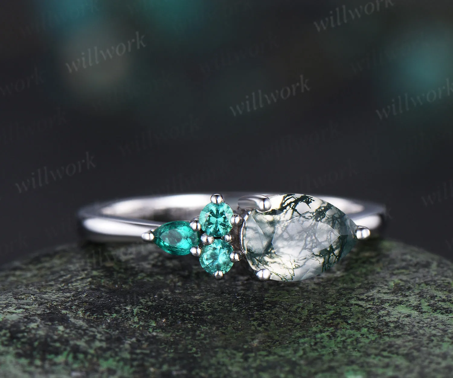 Pear cut moss agate ring white gold East to west emerald four stone unique engagement ring women dainty anniversary gift sold by Willwork Jewelry product image thumbnail 2