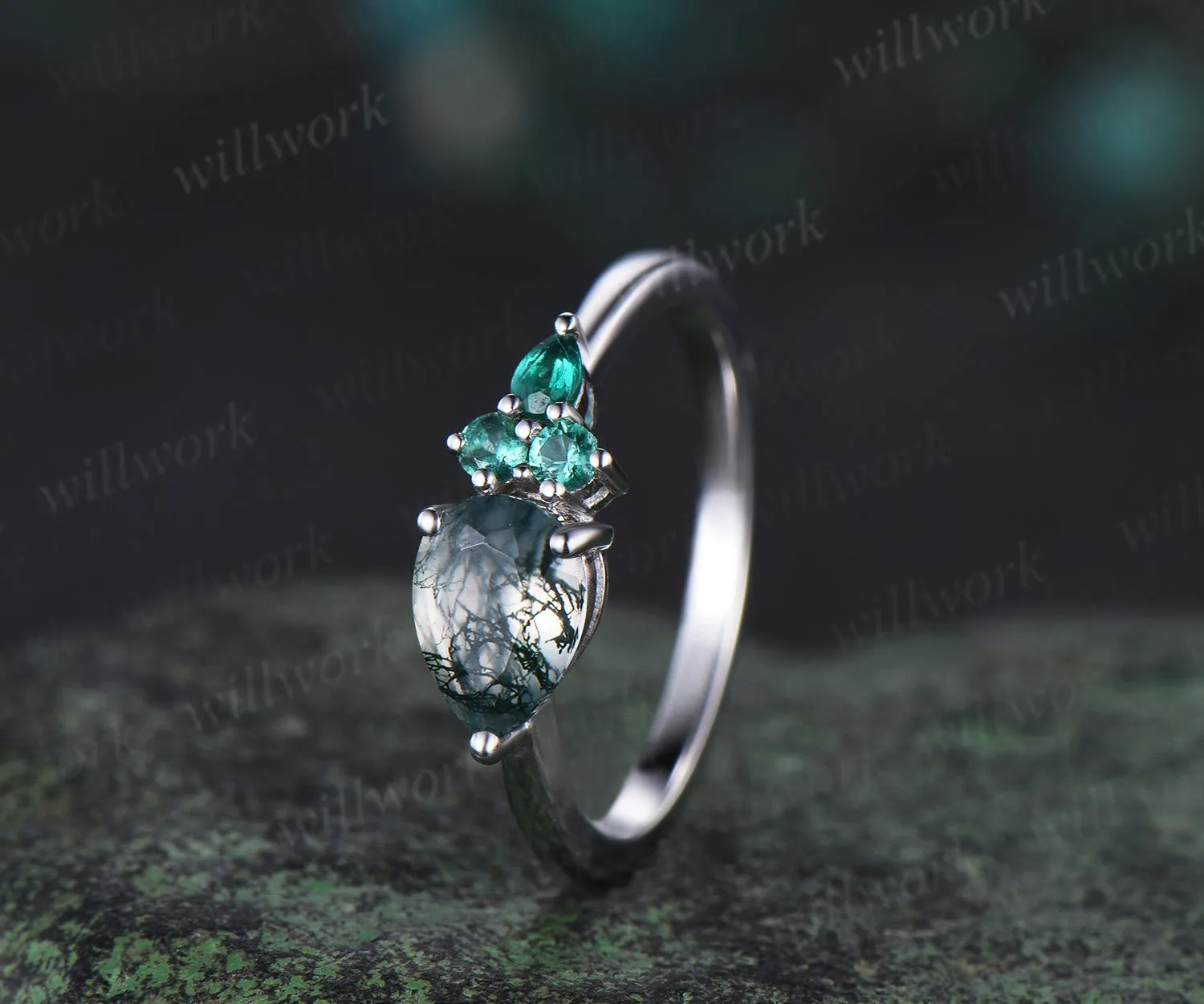 Pear cut moss agate ring white gold East to west emerald four stone unique engagement ring women dainty anniversary gift sold by Willwork Jewelry product image thumbnail 5