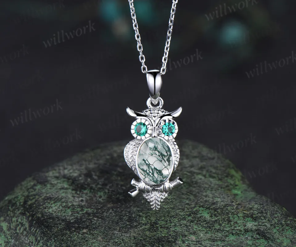 Unique Owl Moss Agate Necklace Personalized Pendant Necklace 14k 18k White Gold Emerald Pendant Night Owl Animal Inspired Promise Gift sold by Willwork Jewelry