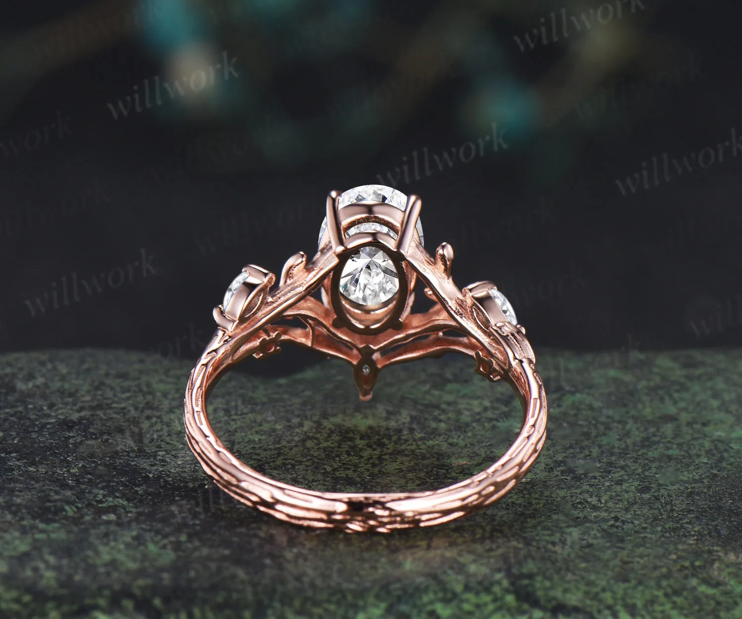 Vintage oval cut Lab grown diamond engagement ring 14k rose gold leaf branch art deco promise ring sold by Willwork Jewelry product image thumbnail 5