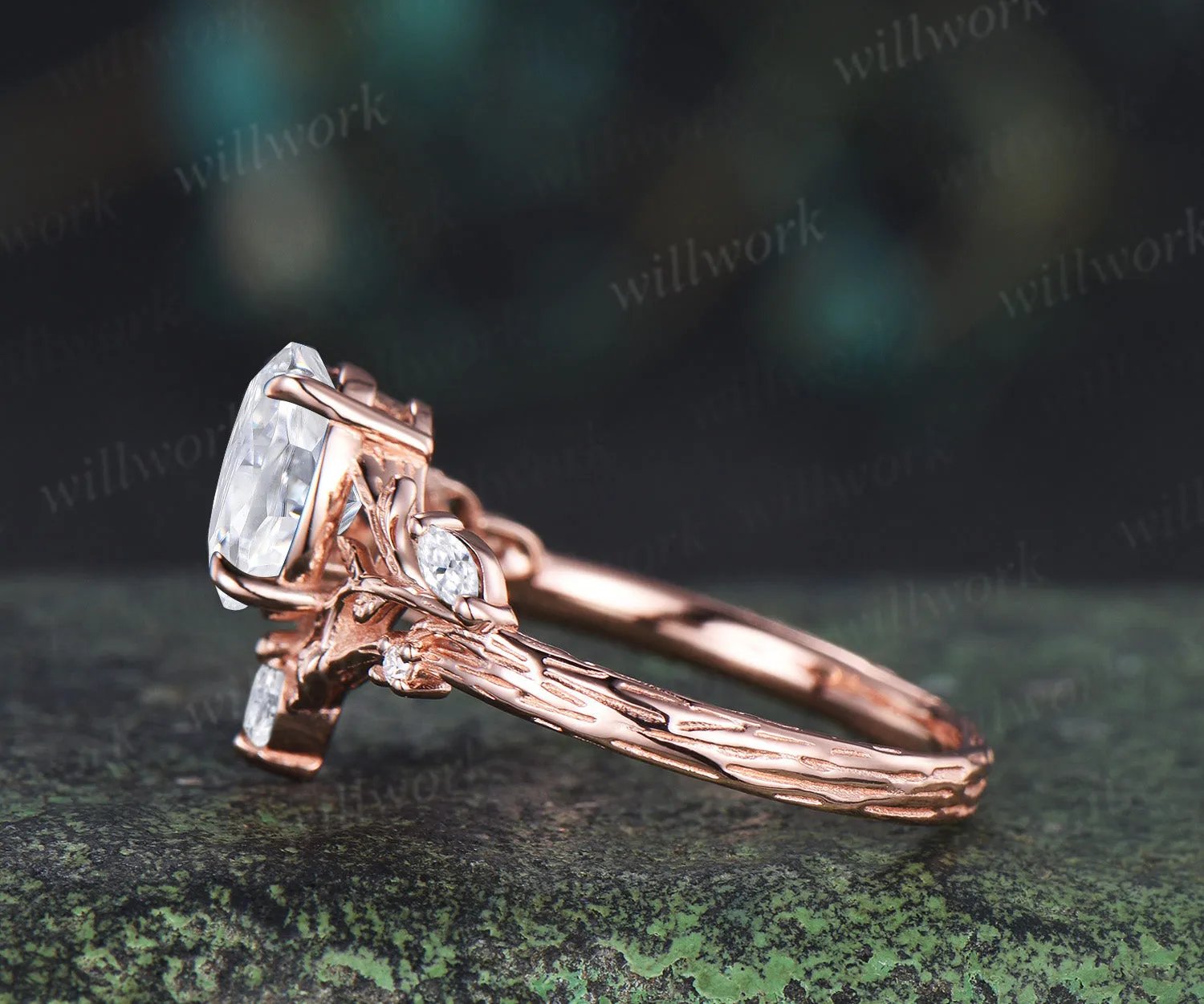 Vintage oval cut Lab grown diamond engagement ring 14k rose gold leaf branch art deco promise ring sold by Willwork Jewelry product image thumbnail 4