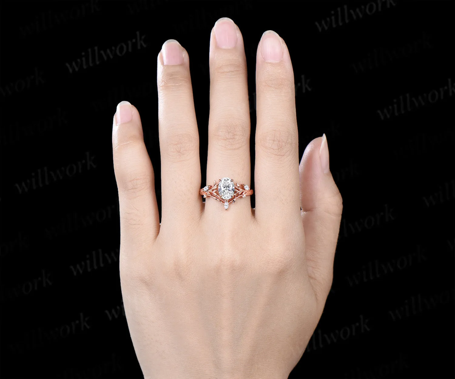 Vintage oval cut Lab grown diamond engagement ring 14k rose gold leaf branch art deco promise ring sold by Willwork Jewelry product image thumbnail 3