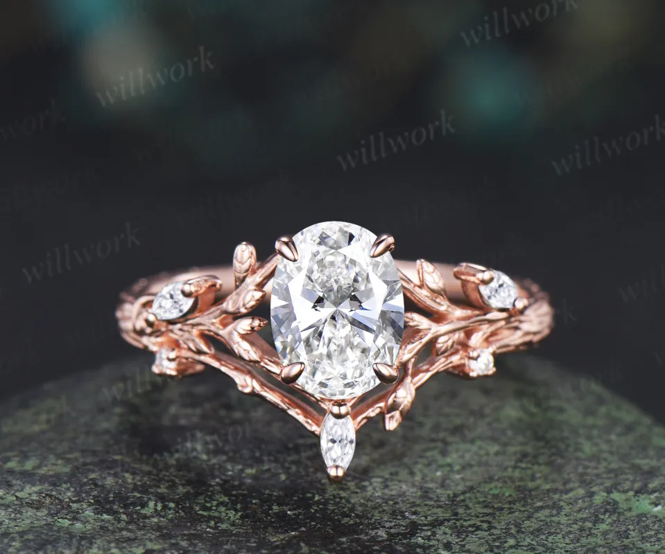 Vintage oval cut Lab grown diamond engagement ring 14k rose gold leaf branch art deco promise ring sold by Willwork Jewelry