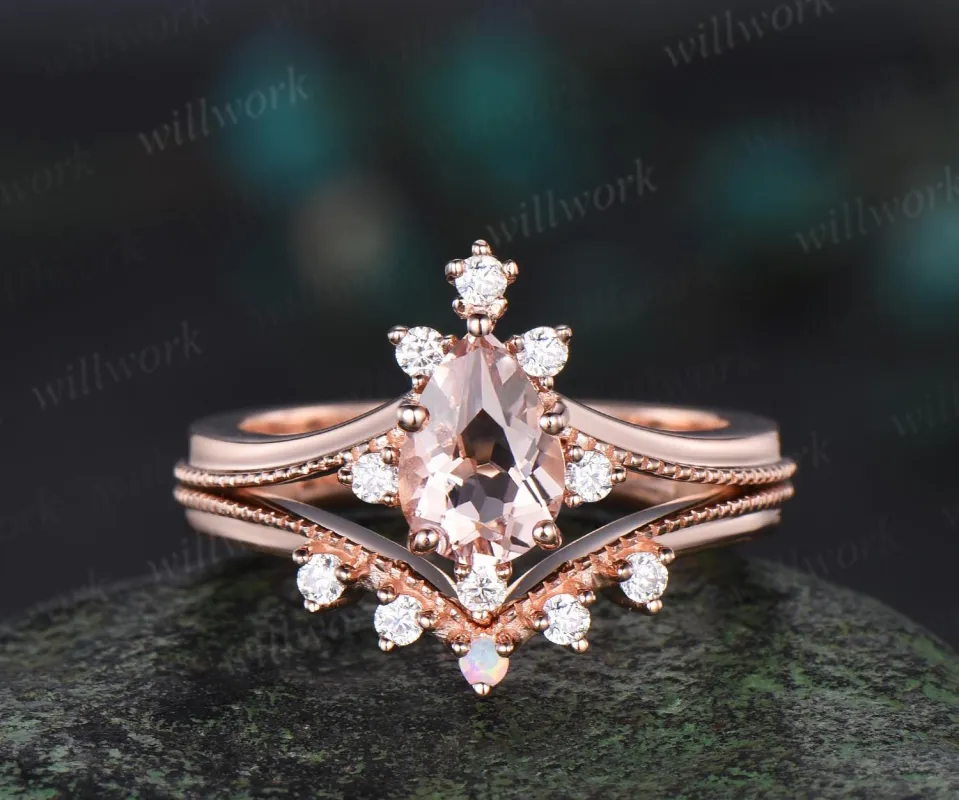 Pear shaped morganite ring rose gold lace cluster diamond bridal set art deco unique engagement ring set women gift made by Willwork Jewelry