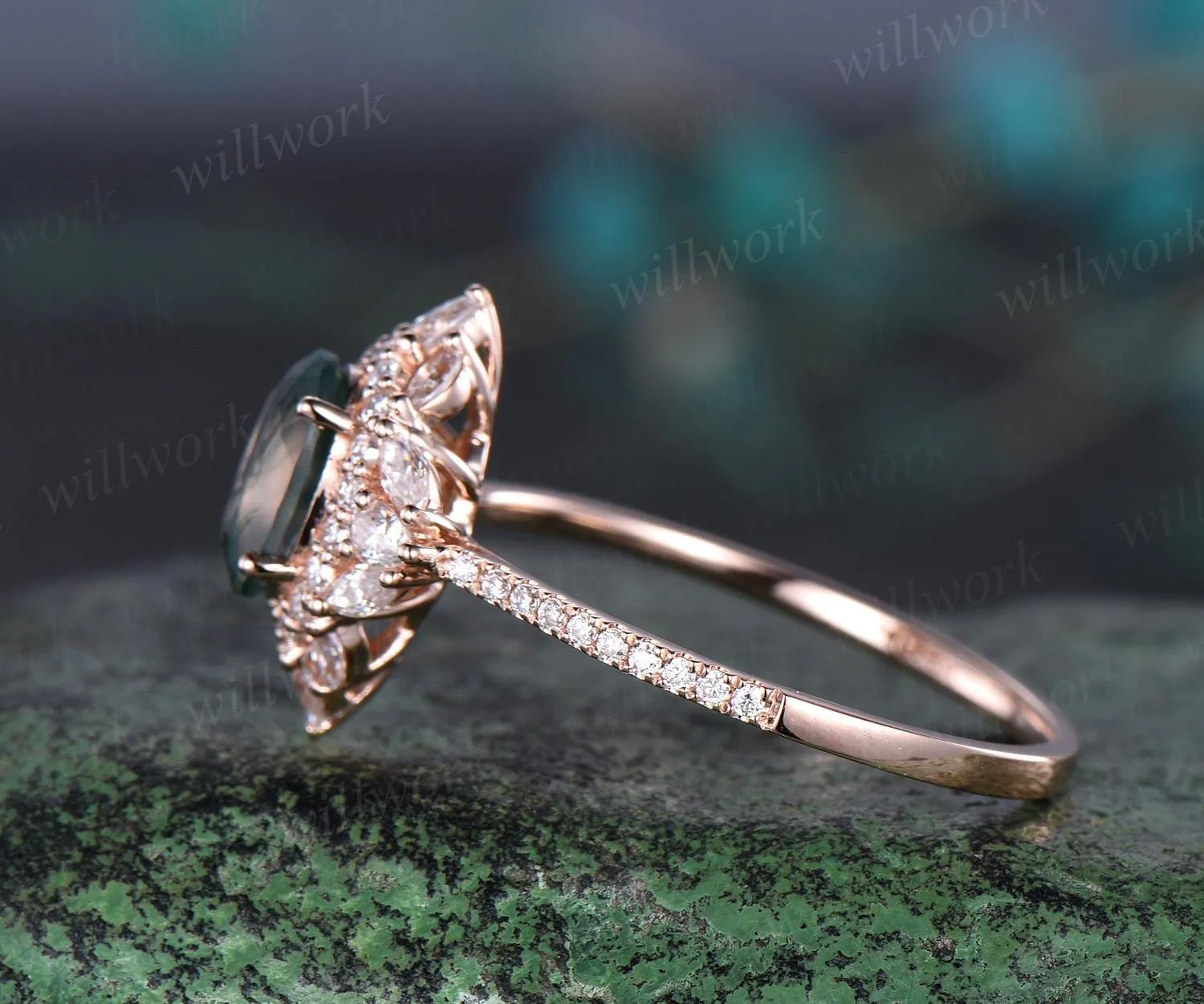 Oval cut moss agate ring vintage half eternity double halo diamond unique engagement ring women solid 14k rose gold dainty promise ring her sold by Willwork Jewelry product image thumbnail 5