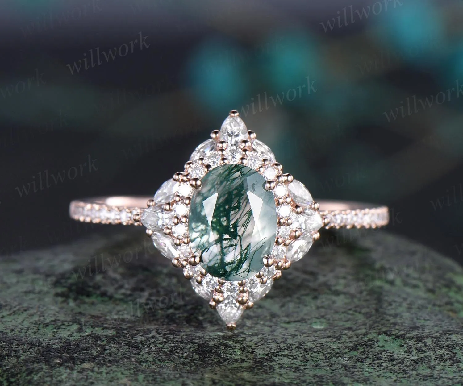 Oval cut moss agate ring vintage half eternity double halo diamond unique engagement ring women solid 14k rose gold dainty promise ring her sold by Willwork Jewelry product image thumbnail 2