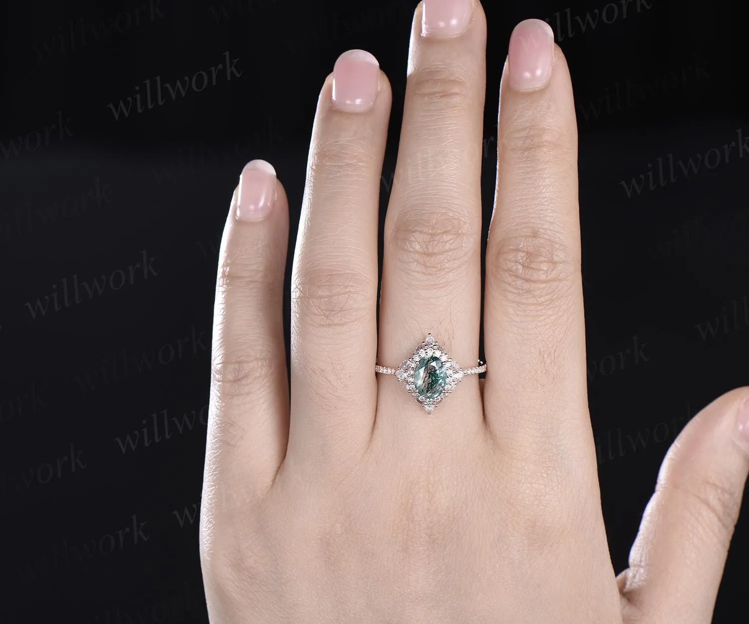 Oval cut moss agate ring vintage half eternity double halo diamond unique engagement ring women solid 14k rose gold dainty promise ring her sold by Willwork Jewelry product image thumbnail 3