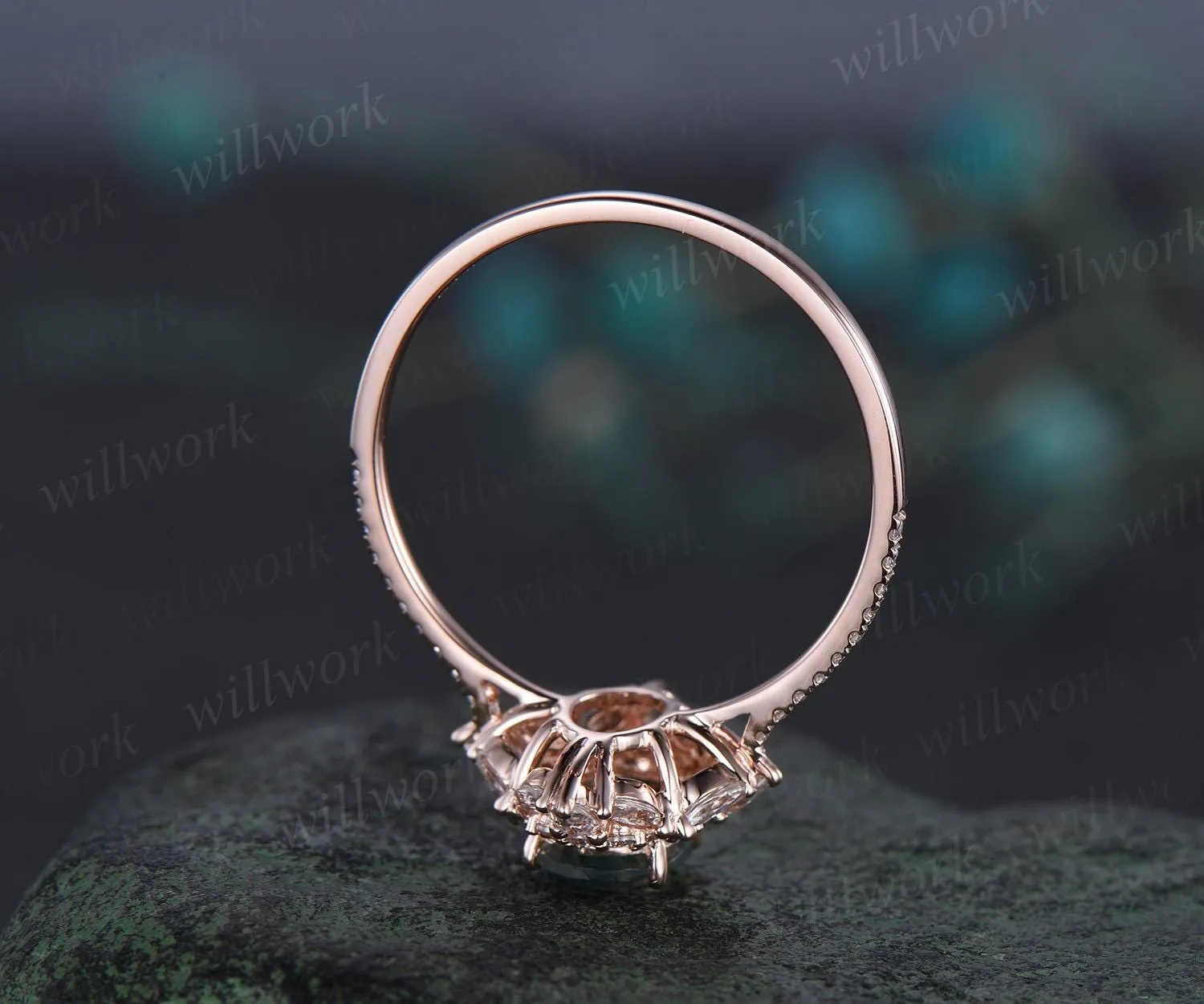 Oval cut moss agate ring vintage half eternity double halo diamond unique engagement ring women solid 14k rose gold dainty promise ring her sold by Willwork Jewelry product image thumbnail 4