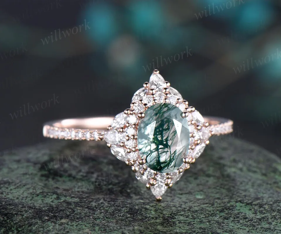 Oval cut moss agate ring vintage half eternity double halo diamond unique engagement ring women solid 14k rose gold dainty promise ring her sold by Willwork Jewelry