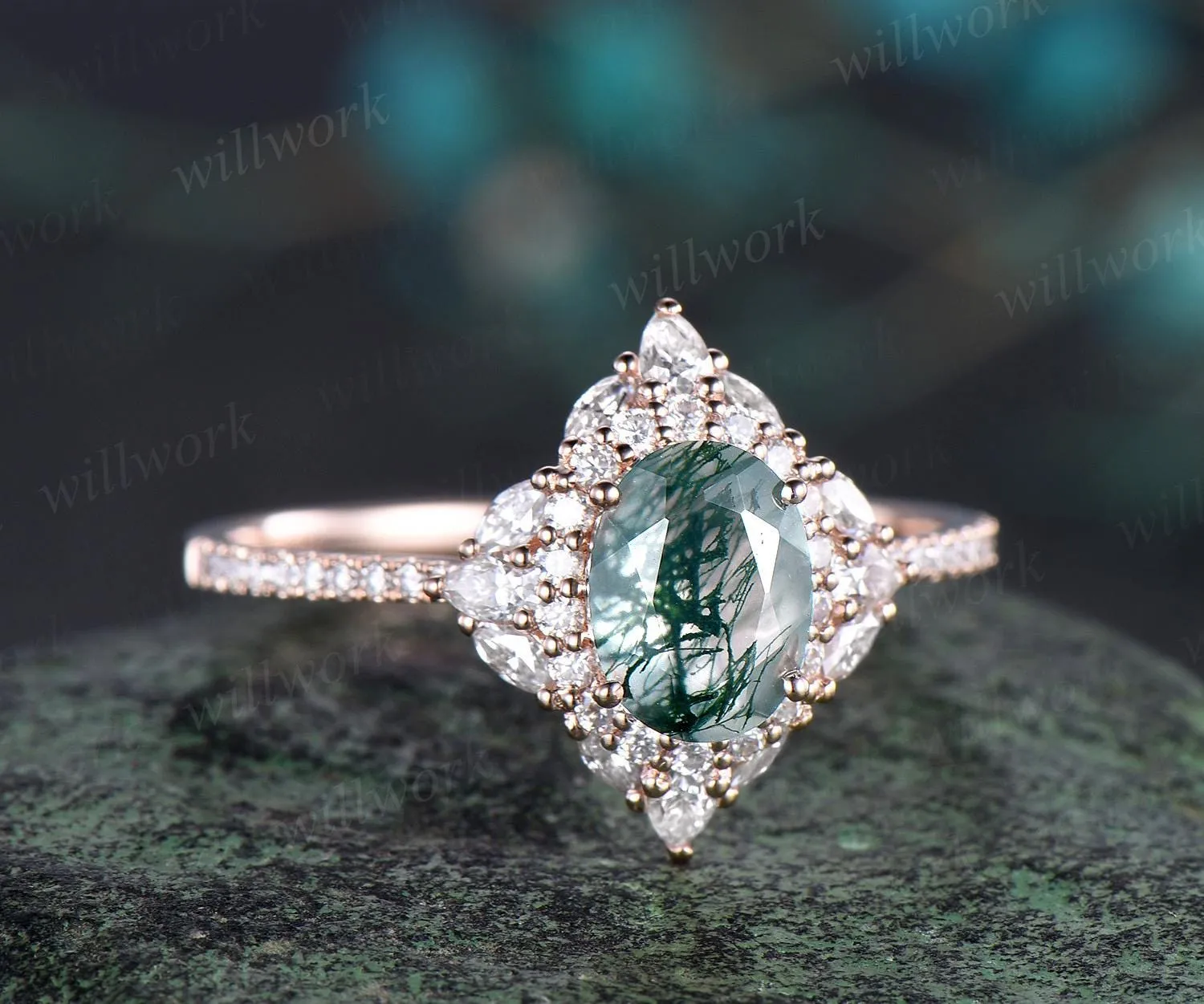 Oval cut moss agate ring vintage half eternity double halo diamond unique engagement ring women solid 14k rose gold dainty promise ring her sold by Willwork Jewelry