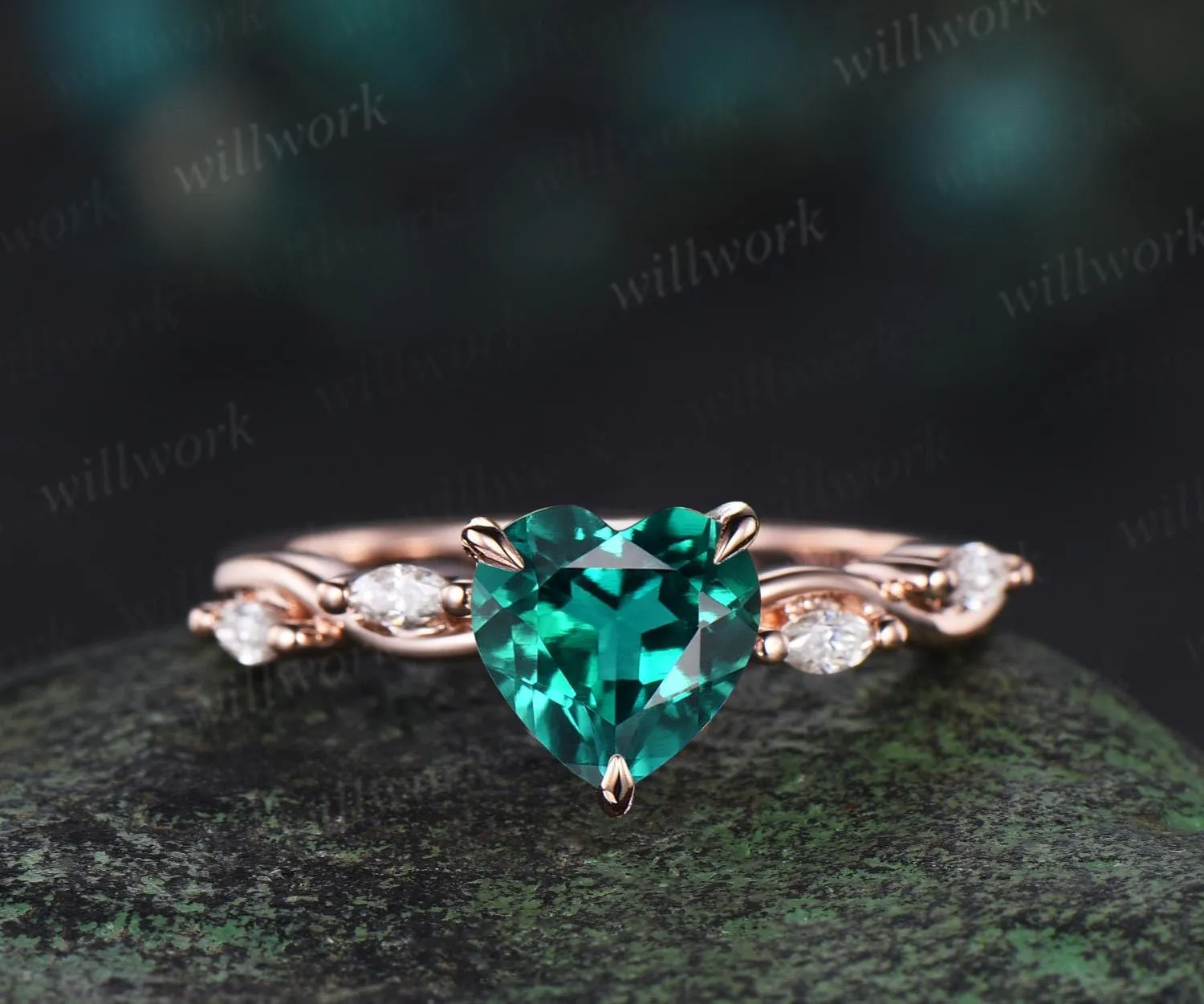 Heart cut emerald ring yellow gold twisted diamond ring vintage five stone unique engagement ring promise wedding ring women dainty gift sold by Willwork Jewelry product image thumbnail 2